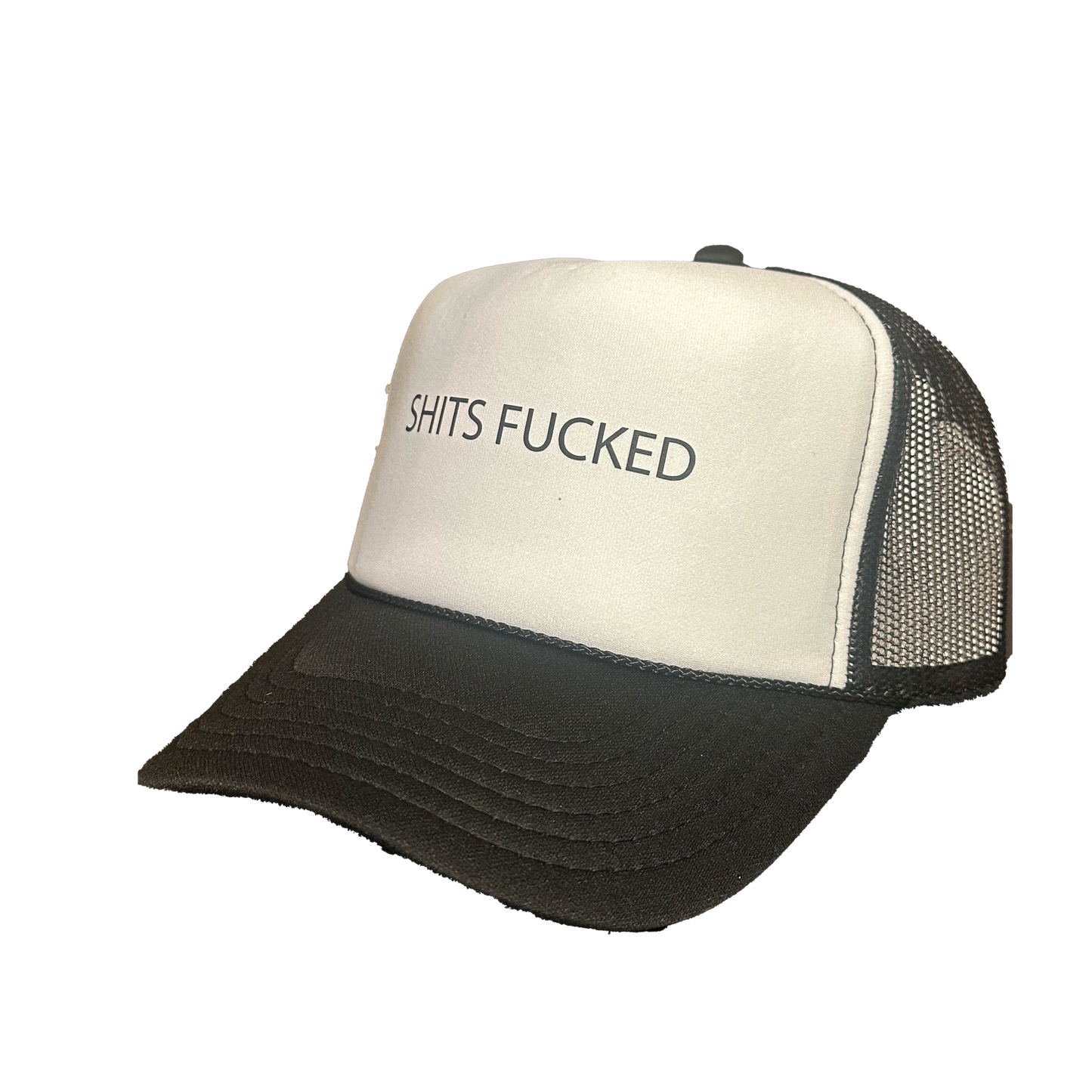 Designer Trash "Shits Fucked" Mesh Trucker Hat - ( White / Black )