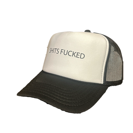 Designer Trash "Shits Fucked" Mesh Trucker Hat - ( White / Black )
